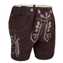 Side view of Womens Oktoberfest Outfit Bavarian Suede Leather Lederhosen Costume Chocolate Brown showing embroidery and adjustable leg lacing