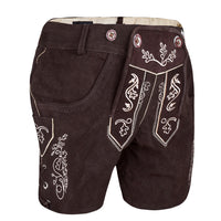 Side view of Womens Oktoberfest Outfit Bavarian Suede Leather Lederhosen Costume Chocolate Brown showing embroidery and adjustable leg lacing