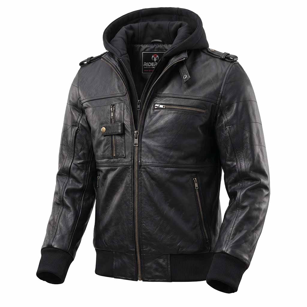 RIDERACT® Leather Motorcycle Jacket with Hood | Black Leather Riding Jacket