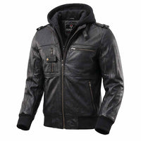Side pose of RIDERACT® Leather Motorcycle Jacket with Hood 