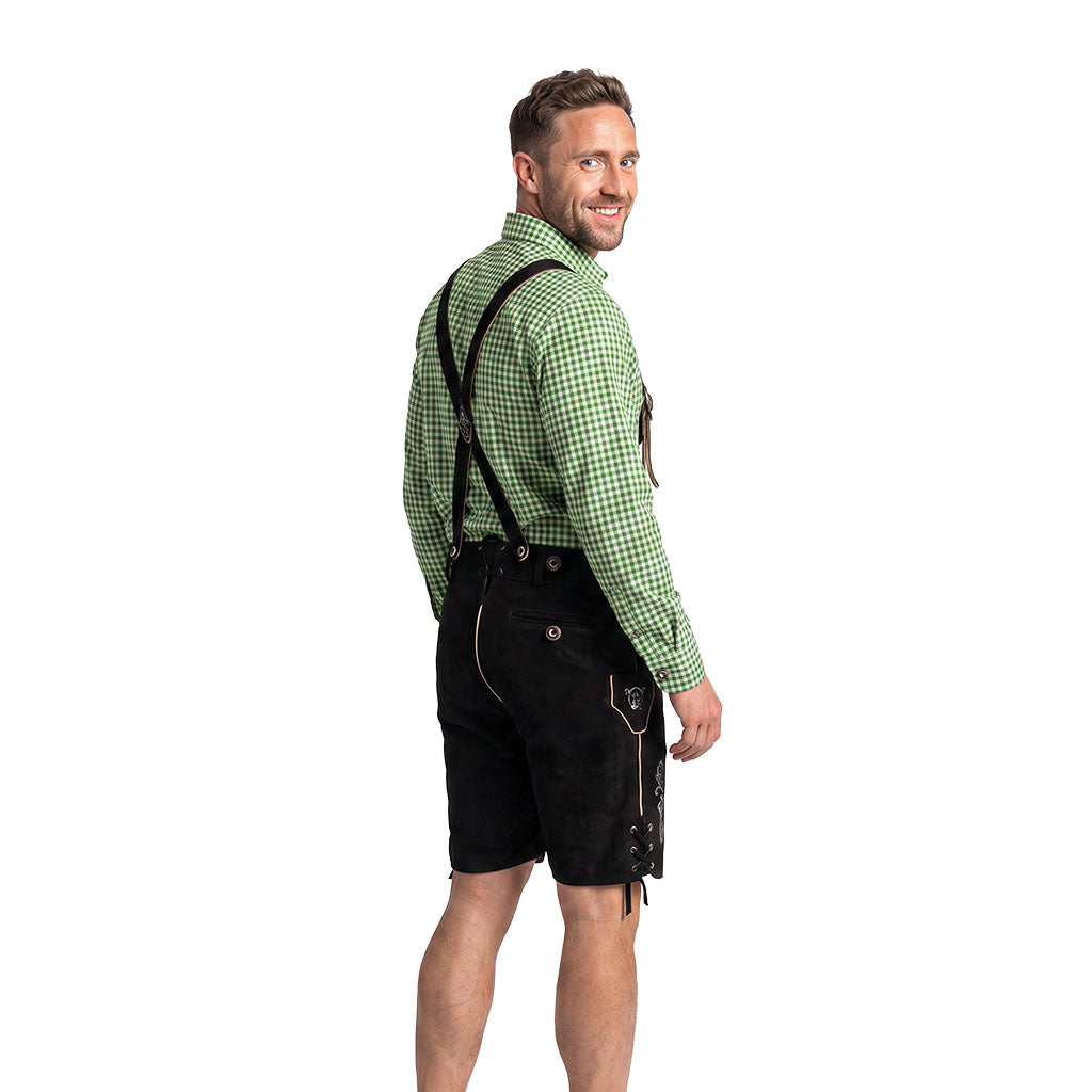 Side view of Men's Black Lederhosen Oktoberfest Outfit Bavarian Costume Suede Leather Schuts