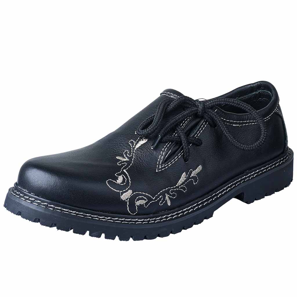 Single black Bavarian shoe with hand-embroidered design and rugged lug outsole
