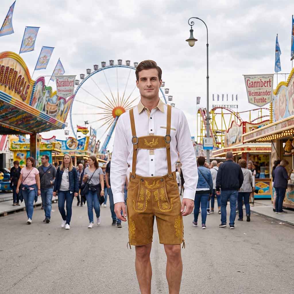 A man stands in the center of a fairground wearing traditional Bavarian attire: a white long-sleeve shirt with a tan collar, brown leather-like overalls with gold embroidery, and matching brown lederhosen. 