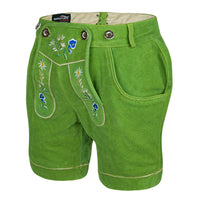 Women's Oktoberfest green suede leather lederhosen with traditional embroidery and deep pocket side view