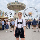 Model wearing Womens Suede Leather Lederhosen Oktoberfest Outfit Black at an Oktoberfest festival