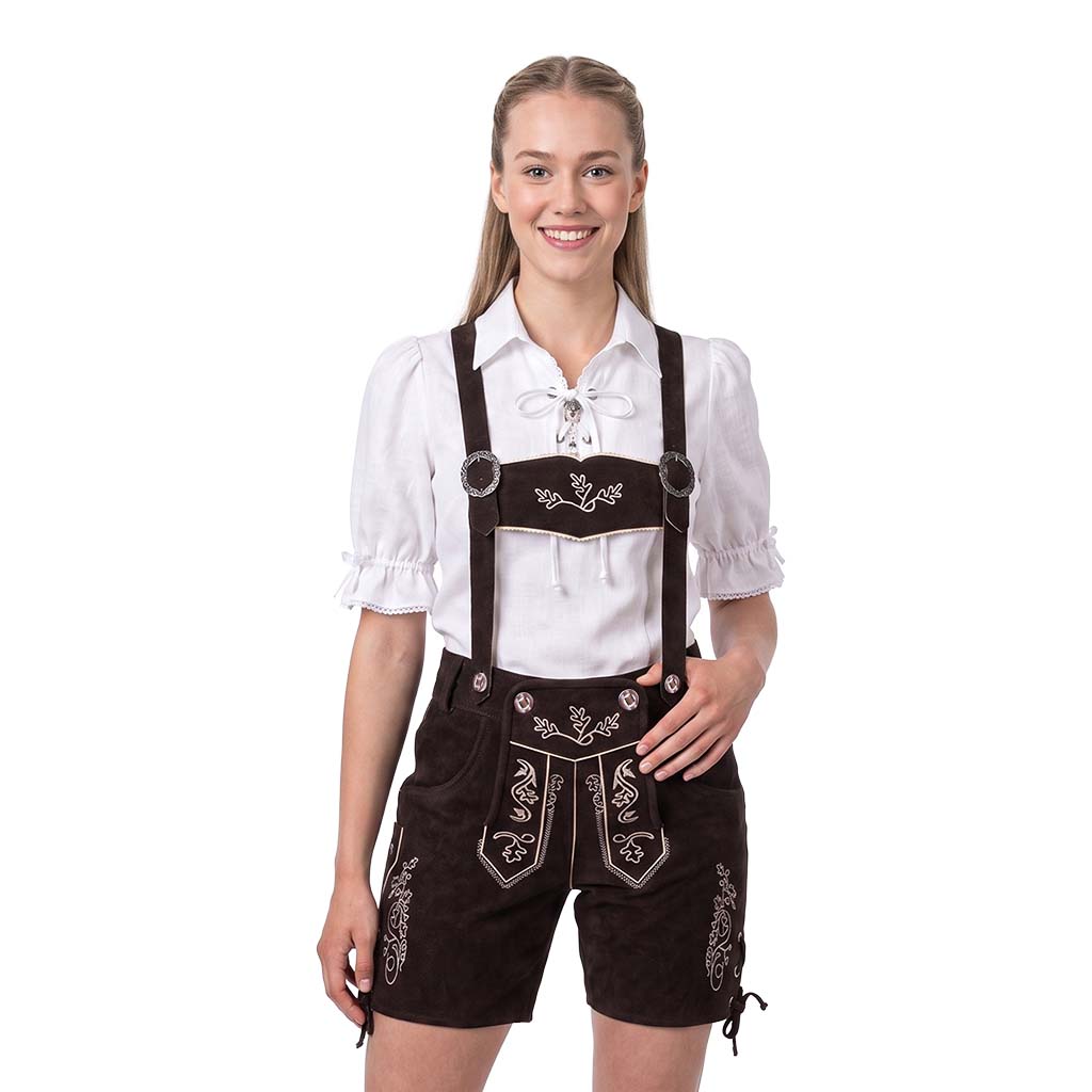 Model wearing Oktoberfest Outfit Bavarian Suede Leather Lederhose Chocolate Brown