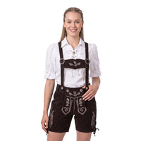 Model wearing Oktoberfest Outfit Bavarian Suede Leather Lederhose Chocolate Brown