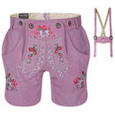Womens Oktoberfest Outfit Lederhosen Suede Leather Oktoberfest Dress Rose Pink with detachable embroidered suspenders displayed separately