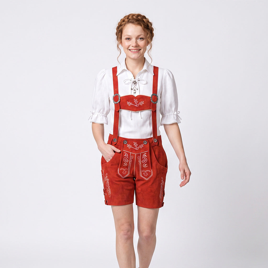 Model wearing Womens Red Suede Leather Lederhosen Oktoberfest Outfit with traditional white Oktoberfest blouse
