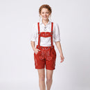 Model wearing Womens Red Suede Leather Lederhosen Oktoberfest Outfit with traditional white Oktoberfest blouse