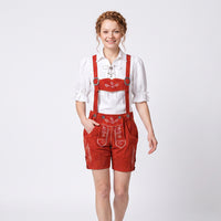 Model wearing Womens Red Suede Leather Lederhosen Oktoberfest Outfit with traditional white Oktoberfest blouse