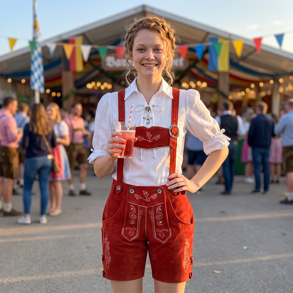 Short Red Leather Lederhosen – Women’s Oktoberfest Costume 30