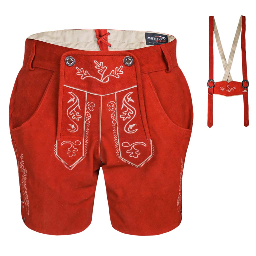Womens Red Suede Leather Lederhosen Oktoberfest Outfit with detachable adjustable suspenders shown separately