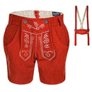 Womens Red Suede Leather Lederhosen Oktoberfest Outfit with detachable adjustable suspenders shown separately