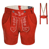 Womens Red Suede Leather Lederhosen Oktoberfest Outfit with detachable adjustable suspenders shown separately