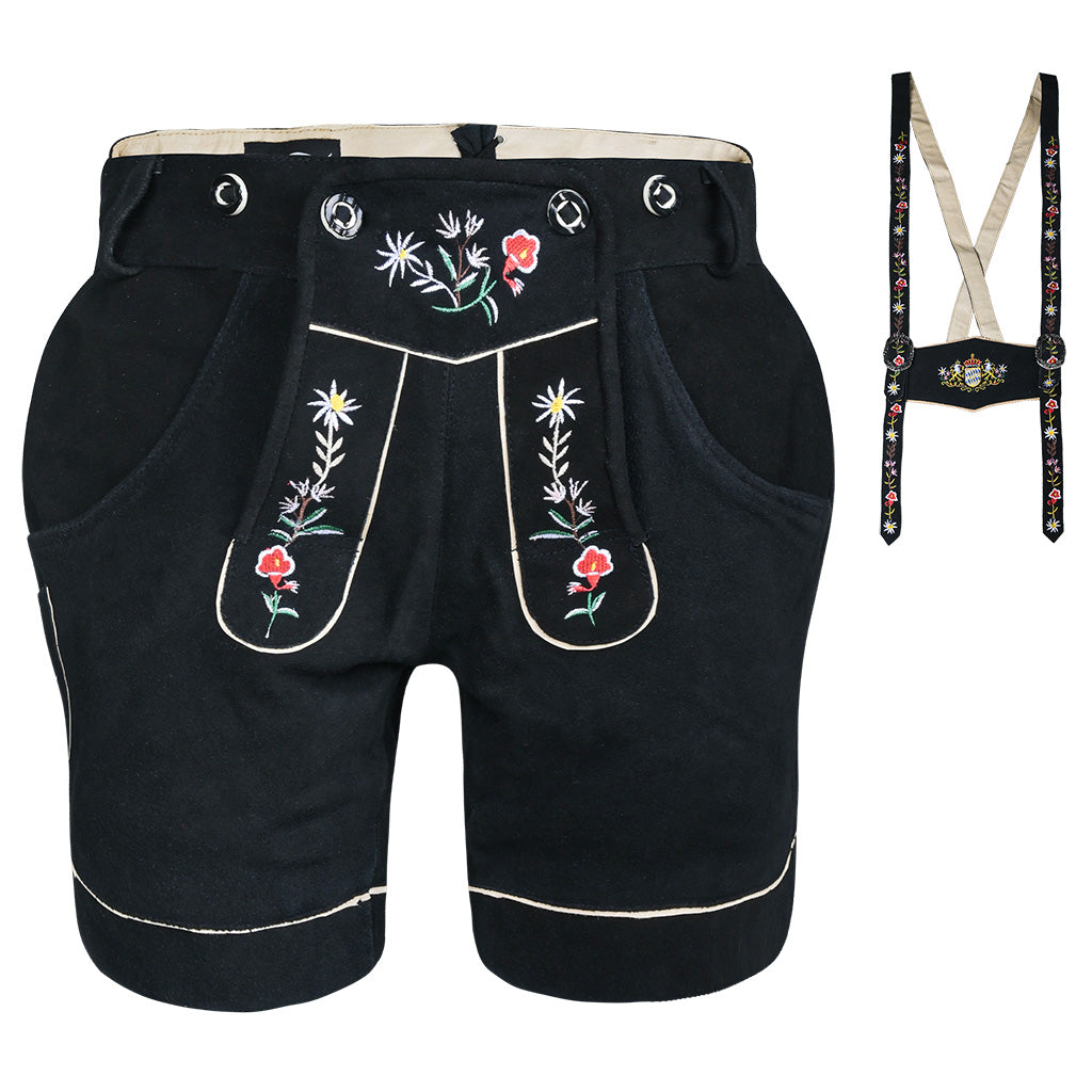Womens Suede Leather Lederhosen Oktoberfest Outfit Black with detachable embroidered suspenders shown separately