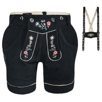 Womens Suede Leather Lederhosen Oktoberfest Outfit Black with detachable embroidered suspenders shown separately