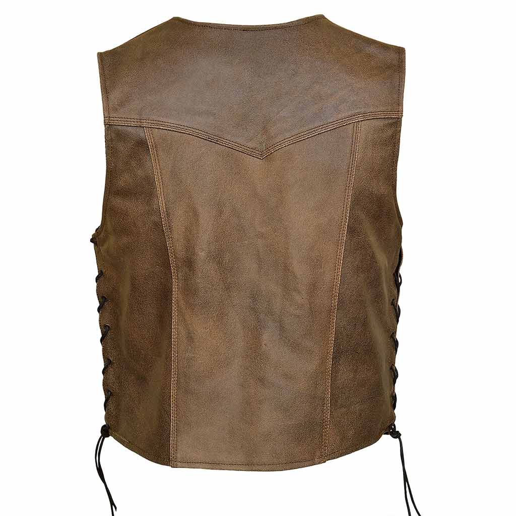 Motorcycle leather vest biker waistcoat with adjustable side laces back pose