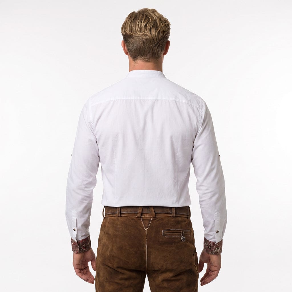 Men's Bavarian Shirt White Band Collar Oktoberfest Shirt for Men with Traditional Embroidery Back View