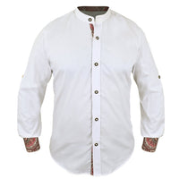 White Bavarian men's shirt with traditional embroidery and mandarin collar, front view