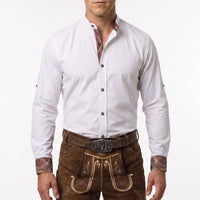 Men's Bavarian Shirt White Band Collar Oktoberfest Shirt for Men with Traditional Embroidery close view