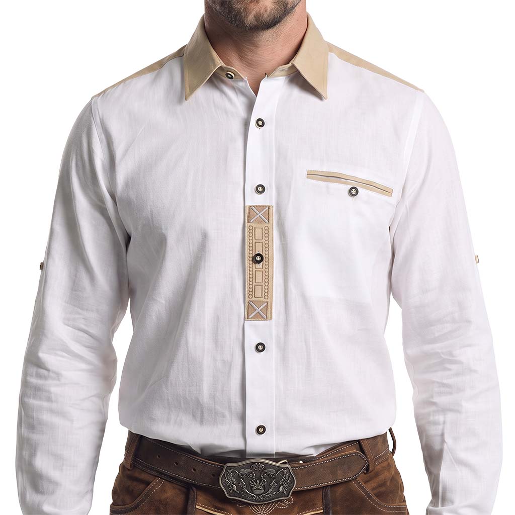 close up of White Cotton Oktoberfest Shirt with Traditional Embroidery