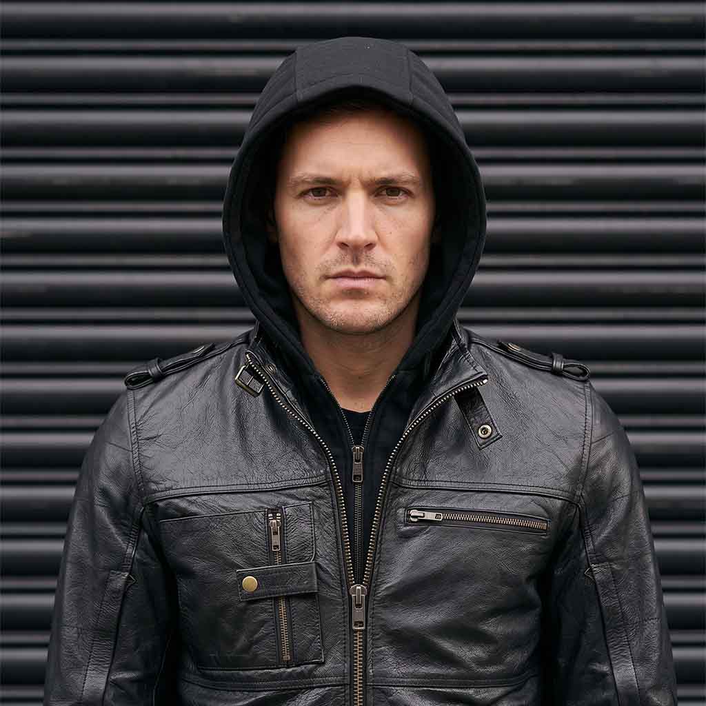 men wearing RIDERACT® Leather Motorcycle Jacket with Hood 