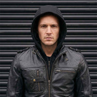 men wearing RIDERACT® Leather Motorcycle Jacket with Hood 