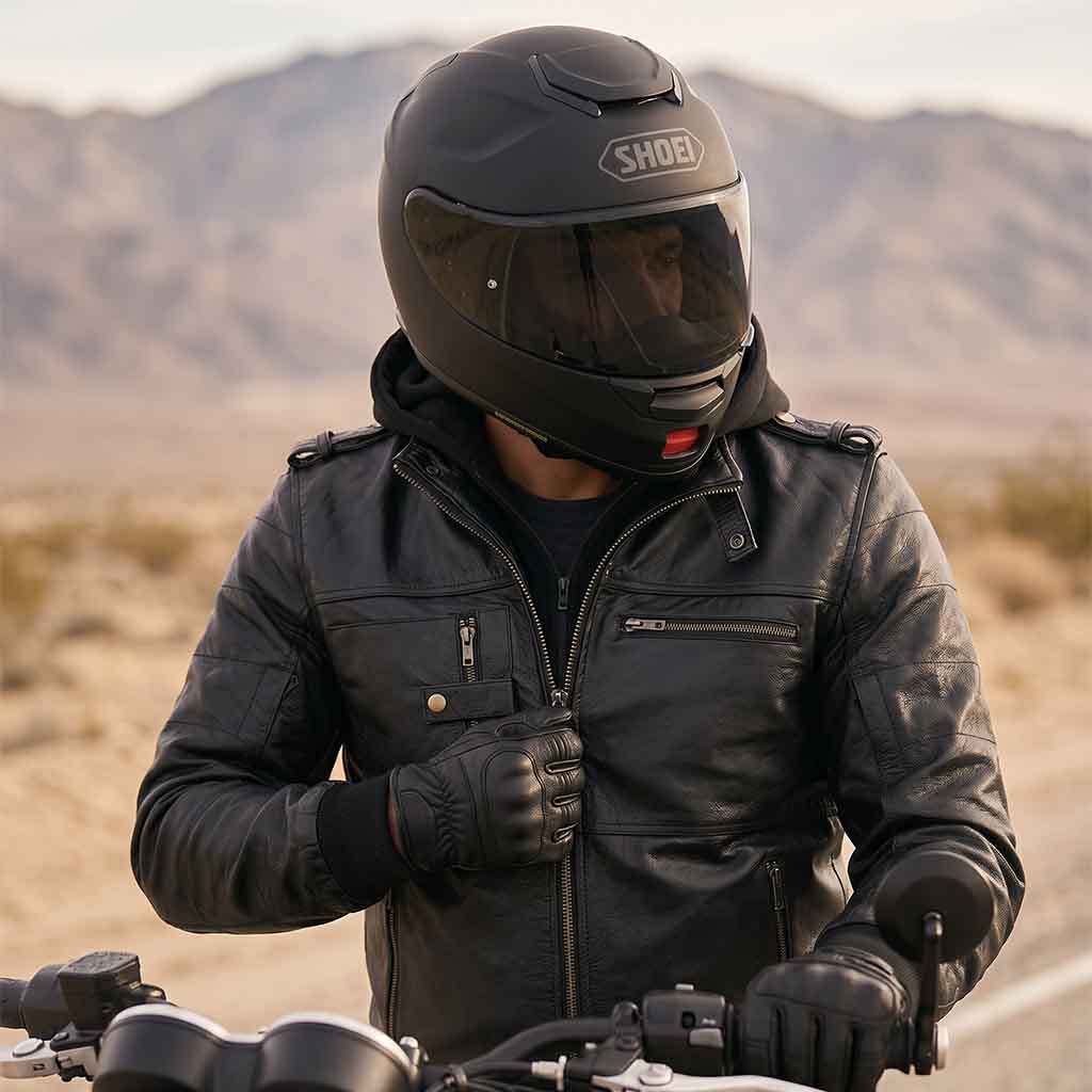 men wearing RIDERACT® Leather Motorcycle Jacket with Hood Black color 