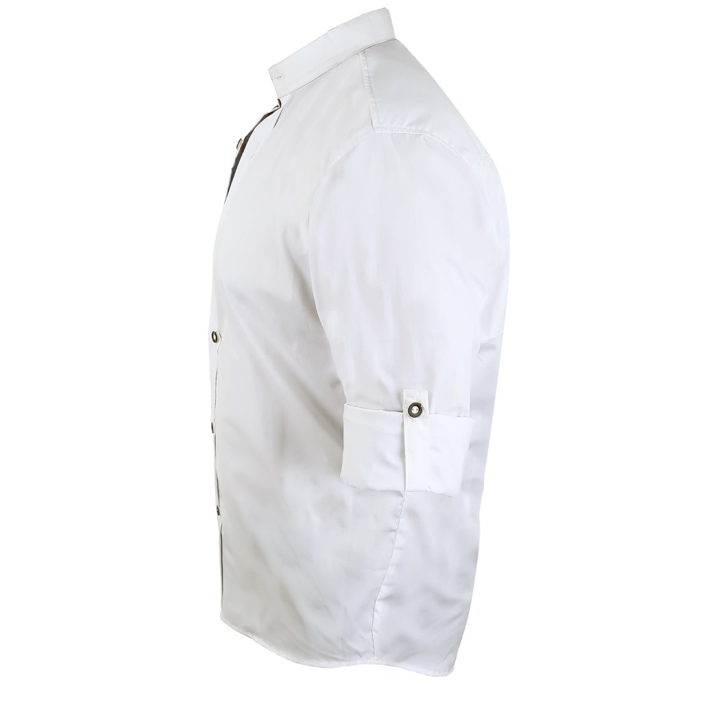 Side view of white oktoberfest shirt sleeve and embroidered cuff