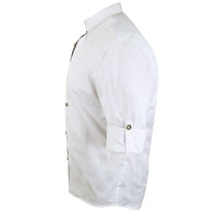 Side view of white oktoberfest shirt sleeve and embroidered cuff