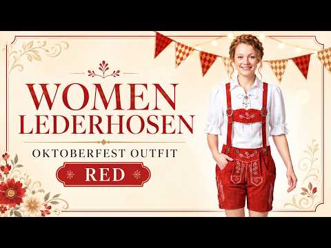 Womens Red Suede Leather Lederhosen Oktoberfest Outfit with detachable adjustable suspenders 