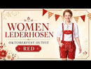 Womens Red Suede Leather Lederhosen Oktoberfest Outfit with detachable adjustable suspenders 