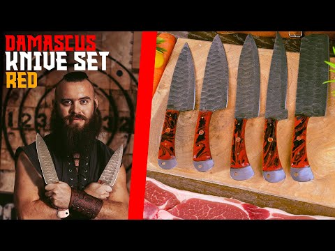 Damascus Kitchen Knife Set of 5 with Resin Red Handles AMK051RED