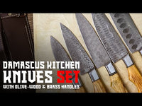 Damascus Kitchen Knife Set of 5 with Olive-Wood & Brass Handles AMK055NAT