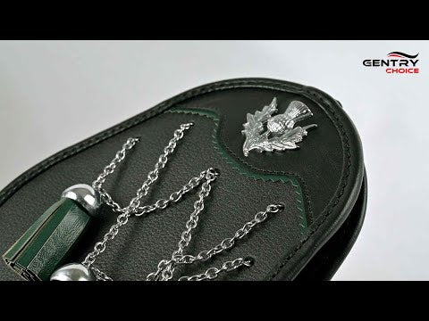 Scottish Leather Sporran with Thistle Mount, Silver Buff Chain, and Cross Designer Style