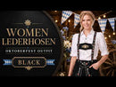 Womens Suede Leather Lederhosen Oktoberfest Outfit Black with detachable embroidered suspenders 
