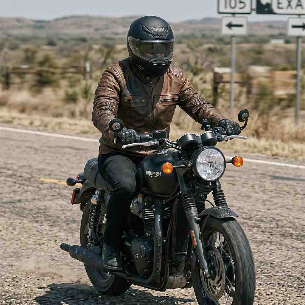 A rider wearing a RIDERACT brown leather motorcycle jacket while riding a motorcycle