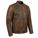 RIDERACT cafe racer leather motorcycle jacket front angled view with zip pockets and protective design