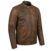 RIDERACT cafe racer leather motorcycle jacket front angled view with zip pockets and protective design