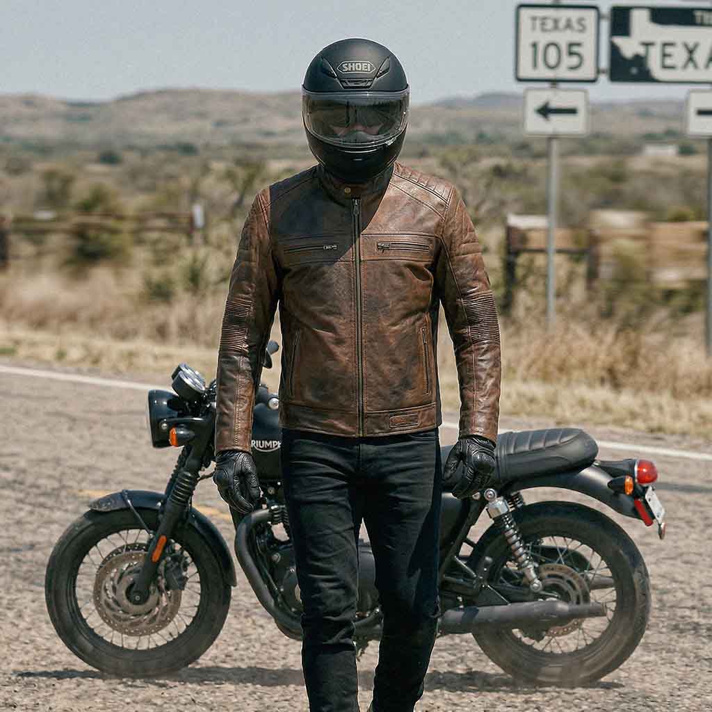 RIDERACT men's leather cafe racer jacket worn for motorcycle riding