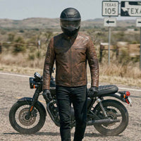 RIDERACT men's leather cafe racer jacket worn for motorcycle riding