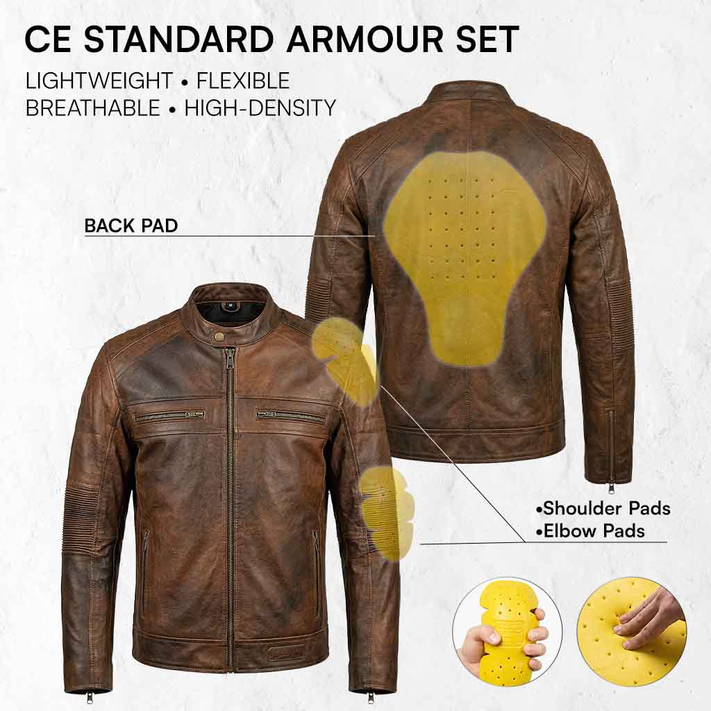 RIDERACT leather motorcycle jacket showing CE standard shoulder elbow and back armor protection
