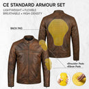 RIDERACT leather motorcycle jacket showing CE standard shoulder elbow and back armor protection