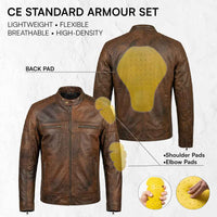 RIDERACT leather motorcycle jacket showing CE standard shoulder elbow and back armor protection