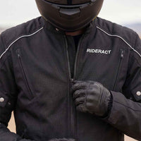 Close-up view of RiderACT motorcycle jacket with durable Cordura fabric and zipper details