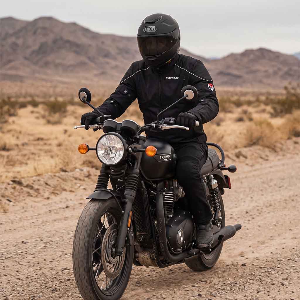 RiderACT Cordura waterproof motorcycle jacket worn by rider during an outdoor motorcycle ride