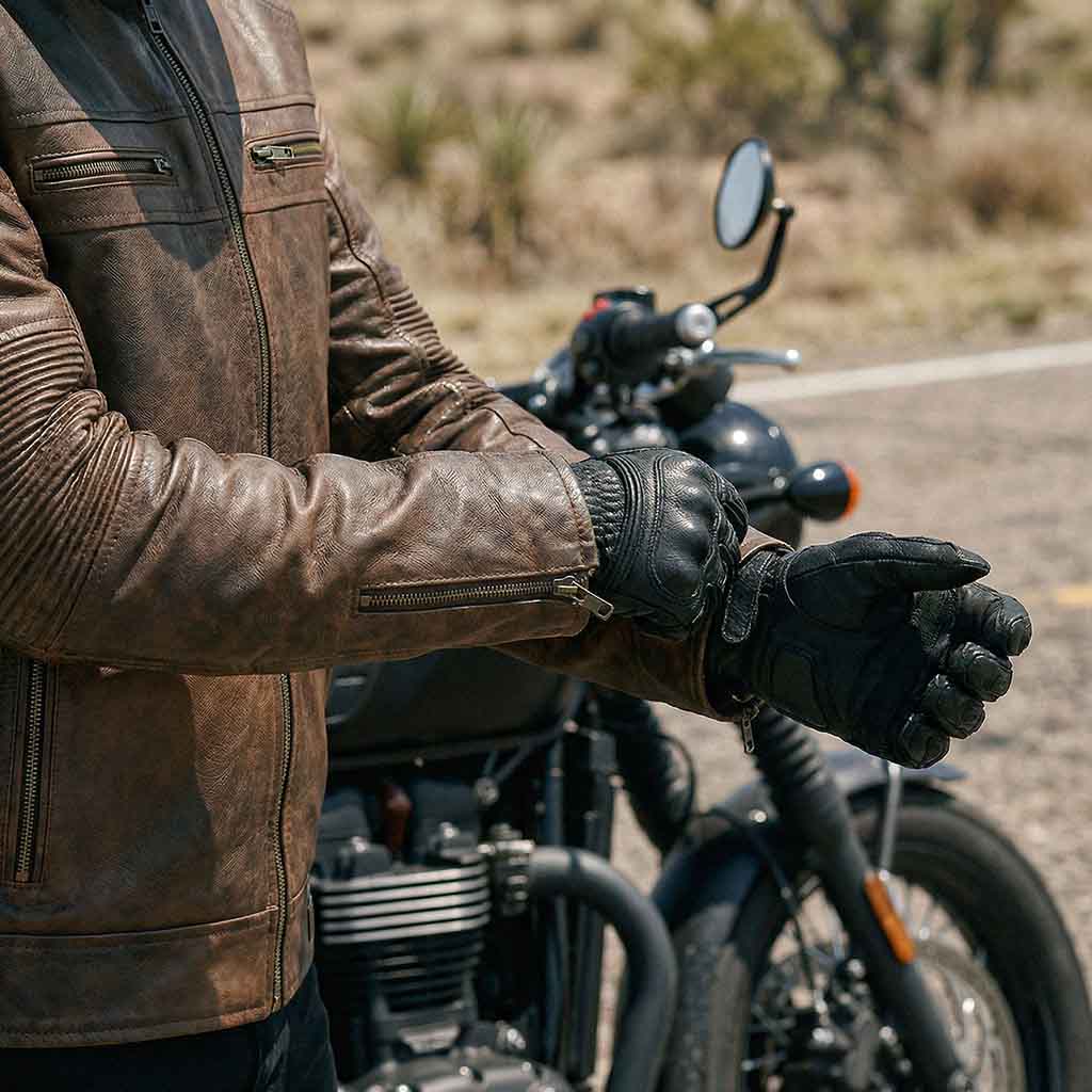 RIDERACT motorcycle leather jacket sleeve with adjustable zipper cuff detail