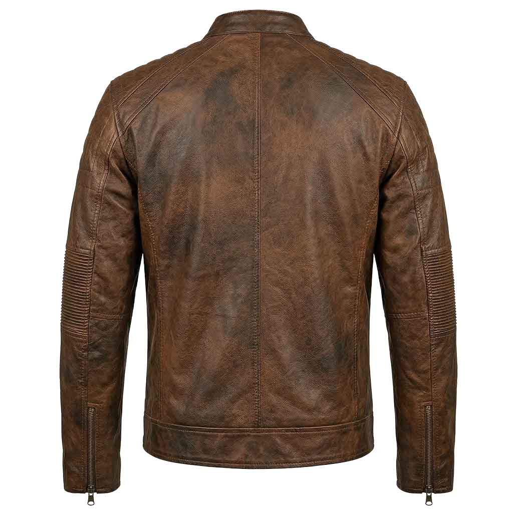 Back view of RIDERACT men's leather motorcycle jacket with classic cafe racer fit