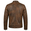 Back view of RIDERACT men's leather motorcycle jacket with classic cafe racer fit